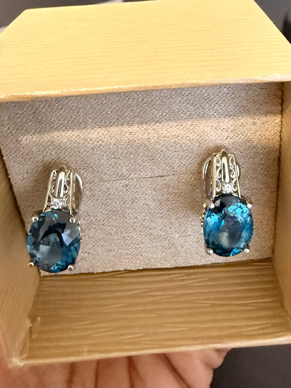 Genuine London Blue Topaz Sterling Silver 925 Two-Tone Leverback Earrings - Picture 9 of 11